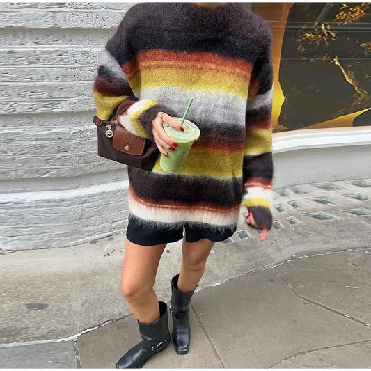 Striped O-neck Long Sleeve Knit Sweater