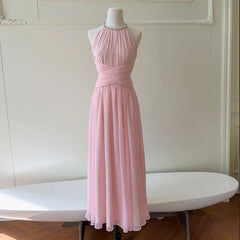 Pink Pleated High Neck Rhinestone Chain Open Back Maxi Dress