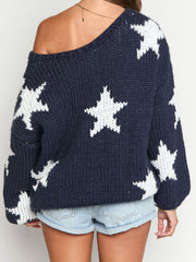 Star Pattern Blue Off Shoulder Sweater