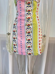 Flower Patchwork Striped Tube Mini Dress