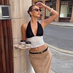 White Halter Polka Dot Crop Top