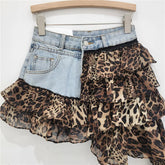 Leopard Print Ruffles Patchwork Denim Mini Skirts