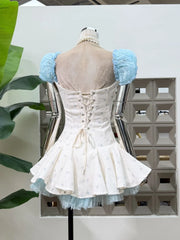Square Collar Mesh Puff Short Sleeve Bow A-line Mini Dress
