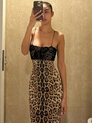 Sparkle Leopard Print Lace Trim Midi Dress