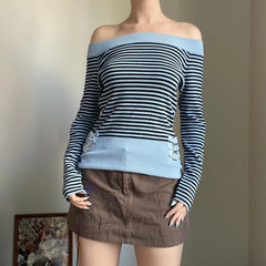 Striped Off Shoulder Long Sleeve Knit Top