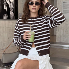 Striped Knit Round Neck Button Down Cardigan