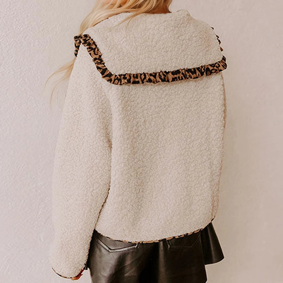 Beige fleece jacket with leopard print trim