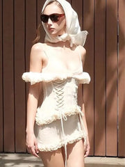 Ruffle Strap Lace Up Mesh Mini Bodycon Dress