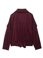 Red Stand Collar Long Sleeve Zipper Cover Short Jacket