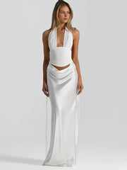 Halter Deep V Neck Top And Maxi Skirt Satin Ruched Set
