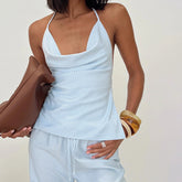 Blue Stripe Print Halter Cowl Neck Top And Pants Set