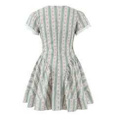 Green Striped Floral Print Short Sleeve Mini Dress