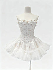 Strapless Mesh Patchwork 3D Flower Mini Dress