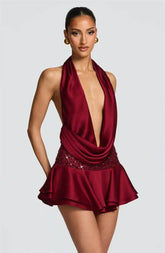 Satin Deep Neck Halter Glitter Ruffle Hem Mini Dress