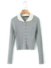 Ribbed Long Sleeve Peter-pan Collar Top