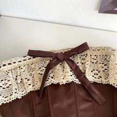Brown Lace Tie Up Strapless Lace Detail Corset