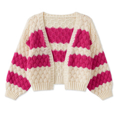 Color Block Long Sleeve Knit Short Cardigan