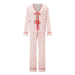 Heart Print Long Sleeve Tie Front Ruffled Top And Drawstring Waist Pants Pajama Set