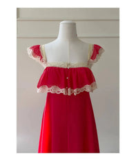 Red Lace Trim Square Neck Ruffle Chiffon Maxi Dress