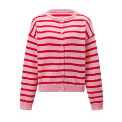 Striped Knit Round Neck Button Down Cardigan