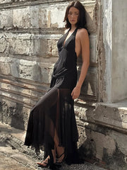 Sheer Halter V Neck Ruffle Pleated Hem Maxi Dress