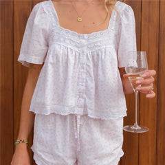 Lace Trim Short Sleeve Top And Elastic Waist Shorts Set