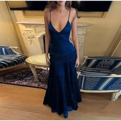 Blue Velvet Ruffles Backless Long Dress