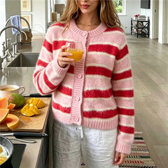 Fuzzy Mohair Striped Round Neck Button Crop Cardigan