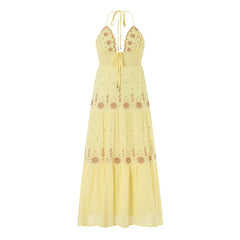 Embroidery Smocked V-Neck Halter Long Dress