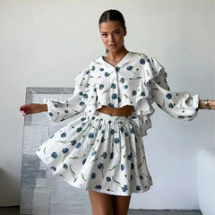White Printed Ruffle Long Sleeve Shirt And Shorts Set