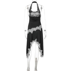 Black Halter Lace Trim Irregular Hem Midi Dress