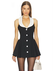 Black Contrast Color Button Down Mini Dress
