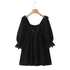 Lace Ruffles Square Collar Lantern Sleeve Mini Dress