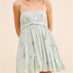 Floral Embroidery Smocked Sleeveless Mini Dress