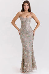 Sequin Embroidered Strap Lace Back Maxi Dress