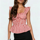 Gingham Smocked Waist Tie Back Peplum Top