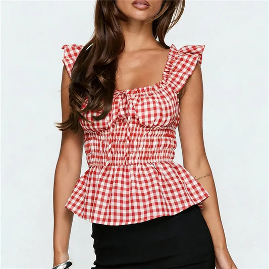 Gingham Smocked Waist Tie Back Peplum Top