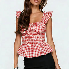 Gingham Smocked Waist Tie Back Peplum Top