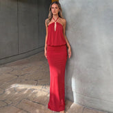 Red Halter Neck O‑Ring Maxi Dress