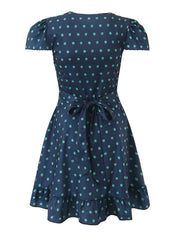 Blue Floral V-neck Short Sleeve Flare Mini Dress