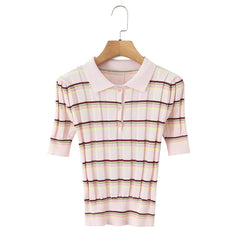Knit Striped Short-Sleeve Polo Top