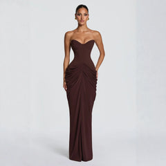 Pleated Waist Corset Strapless Lace Up Maxi Dress
