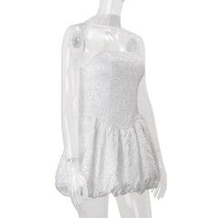 White Satin Strapless Bubble Mini Dress with Scarf