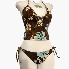 Brow Flower Pattern Tie Up Bikini Set