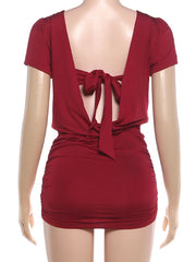 Cowl Low Neck Short Sleeve Bandeau Tie Up Mini Dress