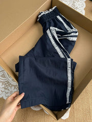 Blue Lace Side Patchwork Wide Leg Joggers