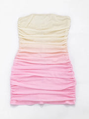 Pink Gradient Ruched Bodycon Strapless Mini Dress With Scarf