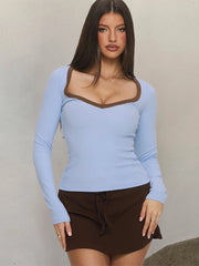 Ribbed Trim Long SLeeve Top