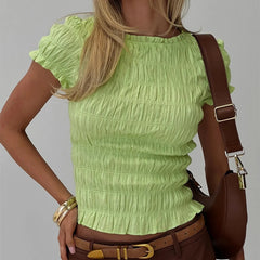 Smocked Short Sleeve Top - V-Neck Casual Tee
