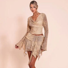 Animal Printed Long Sleeve Top And Irregular Skirt Matching Set